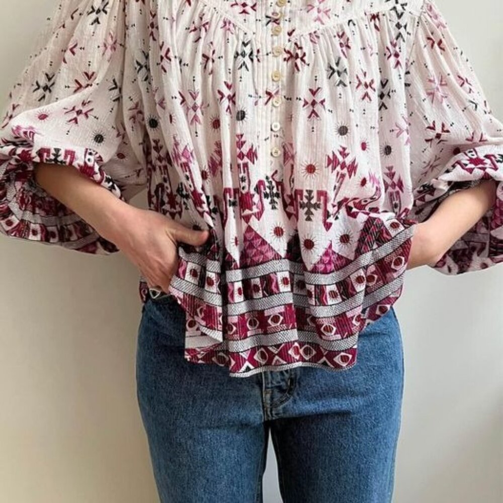 Isabel Marant Étoile‎ Salika Metallic Puff Sleeve Preppy Blouse Sz 38 (M)